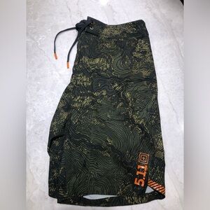 5.11 Men’s Board Shorts Green Topographic Print with Orange Accents